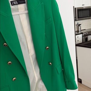 Zara Vivid Green Double-Breasted Blazer with Gold Buttons